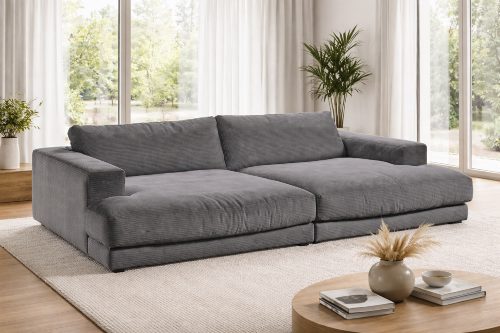 Modernes Wohnzimmerdesign – stilvoll eingerichtet Offenes Wohnzimmer mit gemütlichem Sofa, Couchtisch und Dekoration