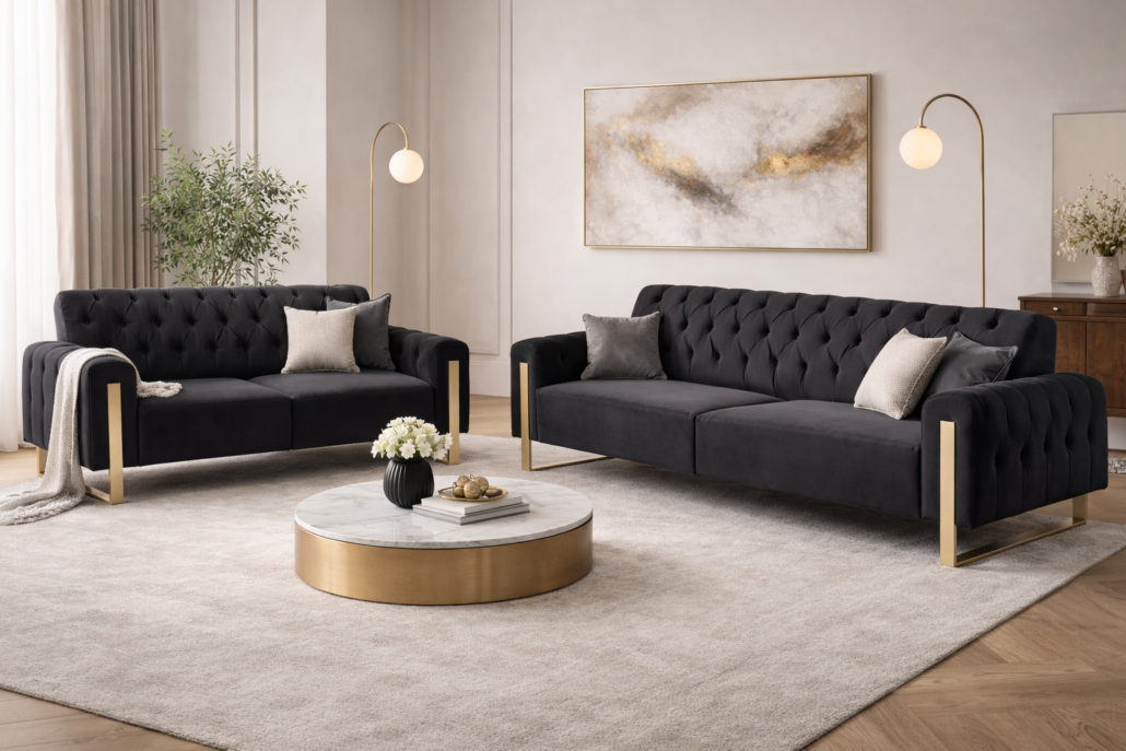 Modernes Wohnzimmerdesign – stilvoll eingerichtet Offenes Wohnzimmer mit gemütlichem Sofa, Couchtisch und Dekoration