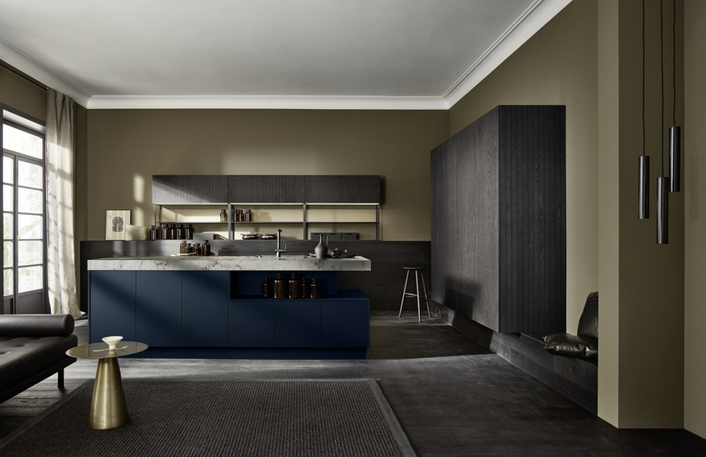 neoCHALET - Eiche Mokka gerillt / SOFT LACK - Tiefblau softmatt